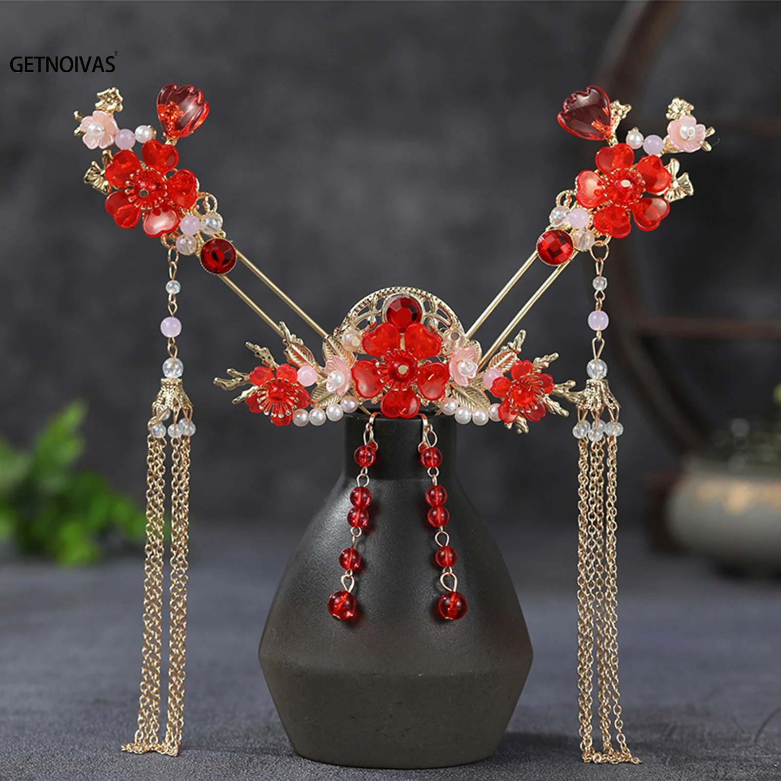 Chinese Style Pearl Crystal Hairpin Earring Set For Women Bride Party Hanfu Wedding Bridal Hair Accessories Jewelry Pin Band