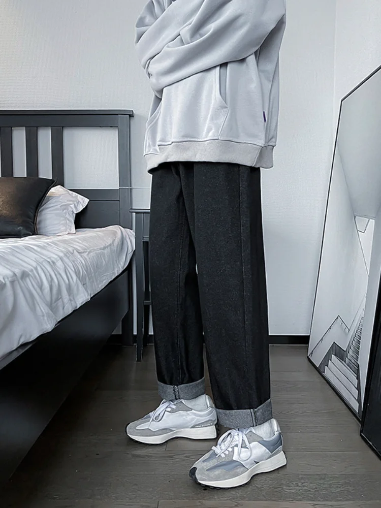 ICCLEK Solid Color Straight-leg Jeans Men's Autumn High Street Jeans Loose Casual Wide-leg Trousers Mens Jeans  Jeans Men