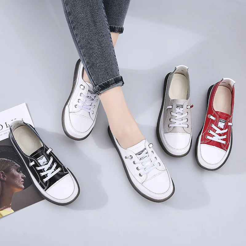 Running shoes Spring Autumn Genuine Leather Vulcanized Shoes Women Jogging Sneakers Woman Lace Up Flat Walking Trainers Fitness Cross-training