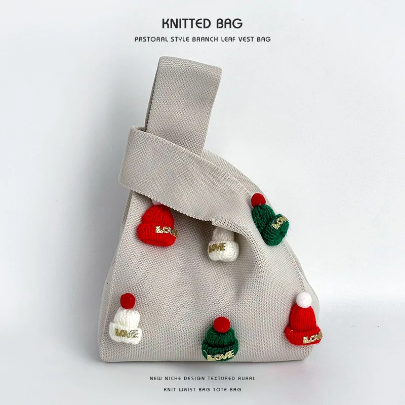 Women Mini Knot Wrist Bag Small Square Bag For Women 2025 New Handmade Christmas Hat Cute Knitted Wrist Bag Handbag Shopping Bag