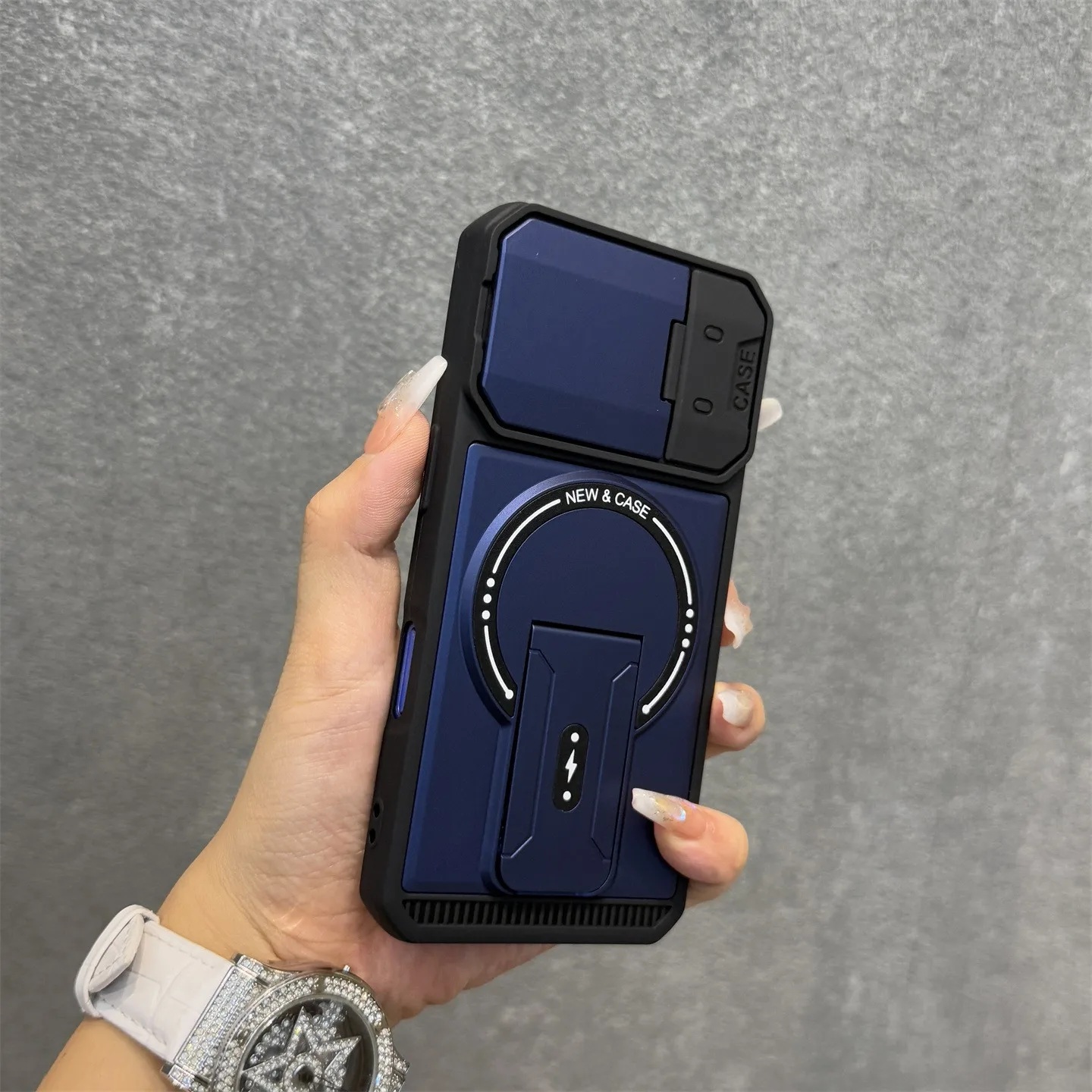 Magnetic Folding Bracket Armor Phone Case with Flip Lens Protective Stand Cover