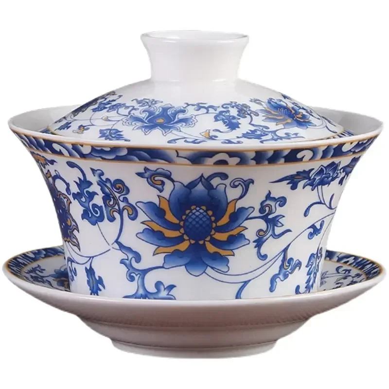 Jingdezhen Ceramic Gaiwan Sancai Tea Bowl Chinese Traditional Pattern Cover Bowl Blue and White Porcelain Tea Set