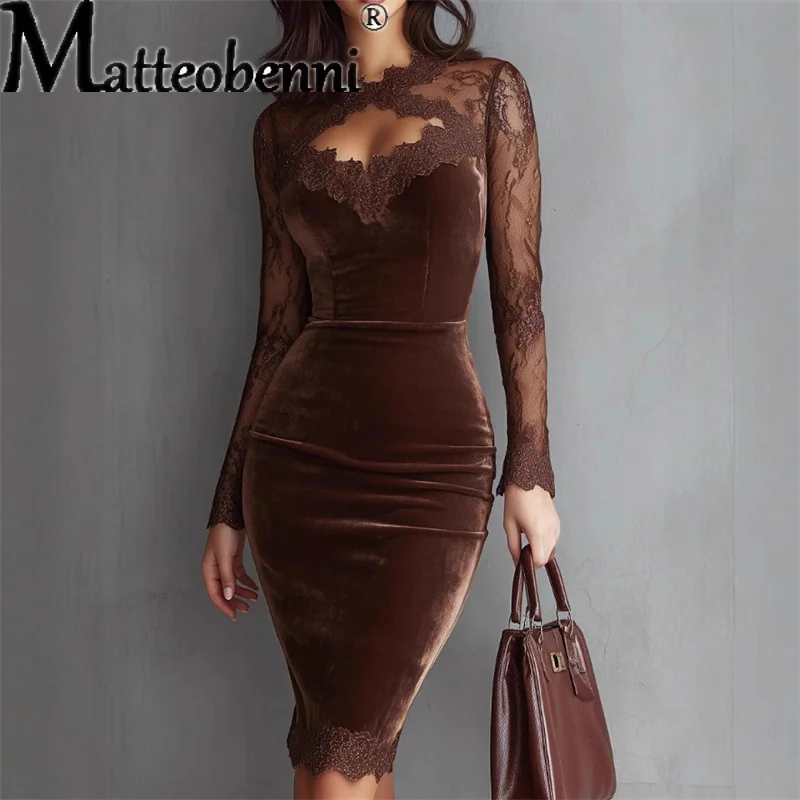 Elegante, sexy Damenkleider mit Spitze und transparenten Langarm-Details, lässiges V-Ausschnitt-Kleid mit Rüschen und Spitzen-Patchwork, figurbetontes Abendkleid