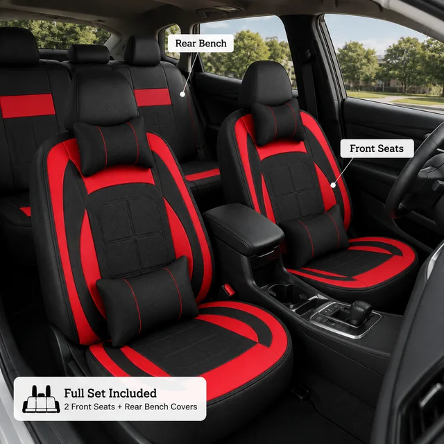 Black Red PU Leather Car Seat Covers Full Set, Universal 5-Seater Front & Rear Seat Protectors, All-Season Auto Interior Cushions for Cars, SUVs, Trucks & Vans 1
