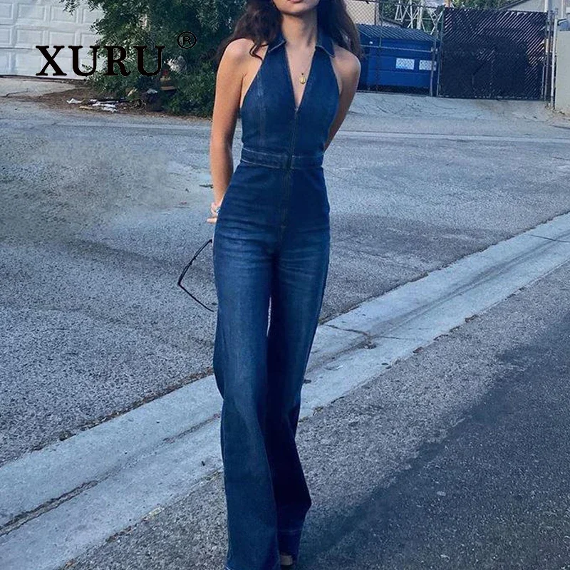 XURU - European and American New Slim Fit Slim Jeans Women's Wear, Blue Personalized Jumpsuit Long Jeans K1-759