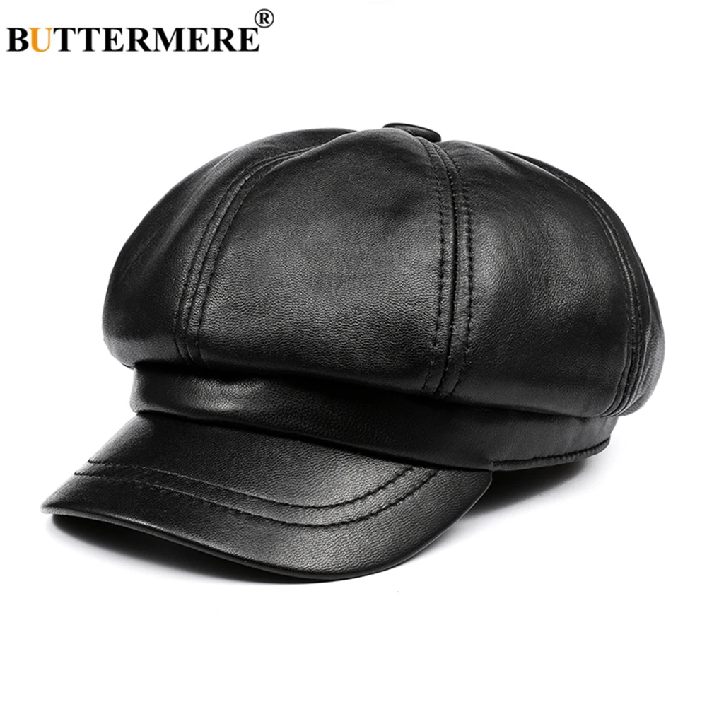 BUTTERMERE Genuine Leather Vintage Hat Women Newsboy Cap Pink Baker Boy Cap High Quality Brand Ladies Winter Octagonal