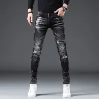 Nouveauté printemps automne Denim jean pour hommes mince en détresse déchiré pantalon peinture éclaboussures conception Streetwear luxe mince jean 4