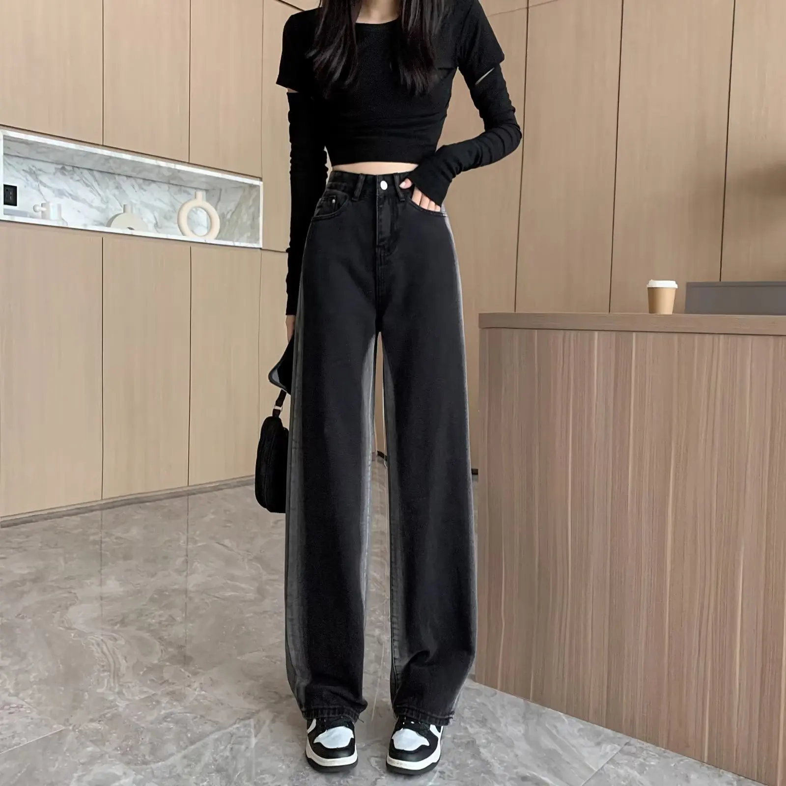 LEDP Women Jeans Black Gradient Straight Jeans Female High Waist Fashion Slim Stretch Design Sense Niche Wide-Leg Pants. ledp women jeans   gradient straight jeans female high waist fashion slim stretch design sense niche wide leg pants