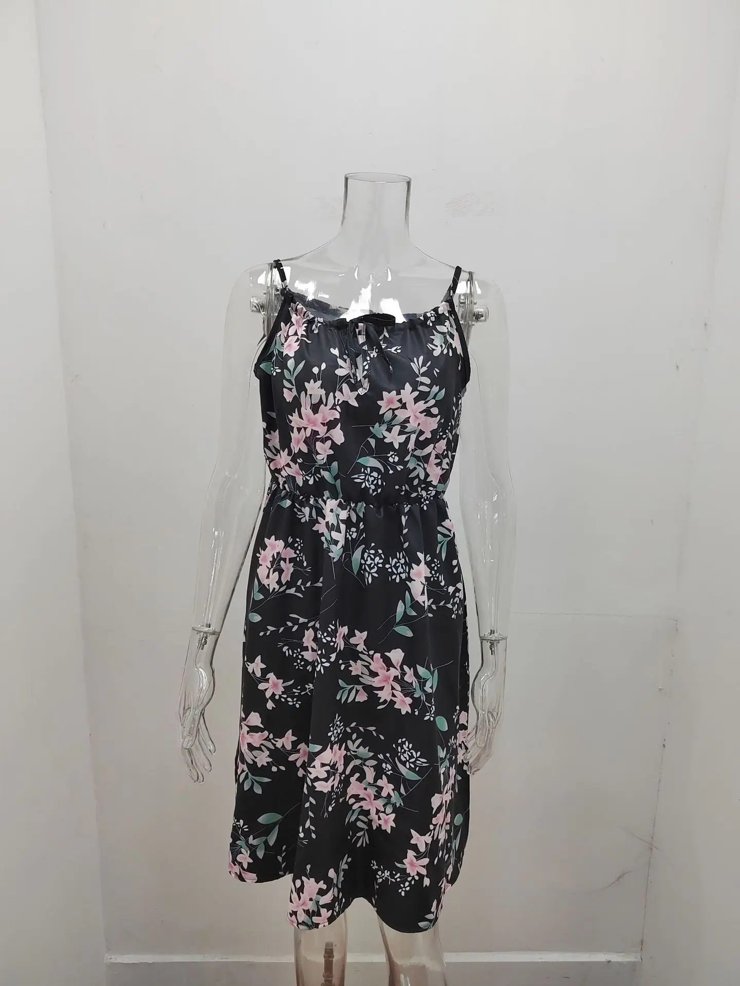 Sf98989a523614750bfc620a45a9079476 European and American New Summer Elegant Sleeveless Dress Pullover Print Elastic Waist Strap Short Skirt for Women Mallzona