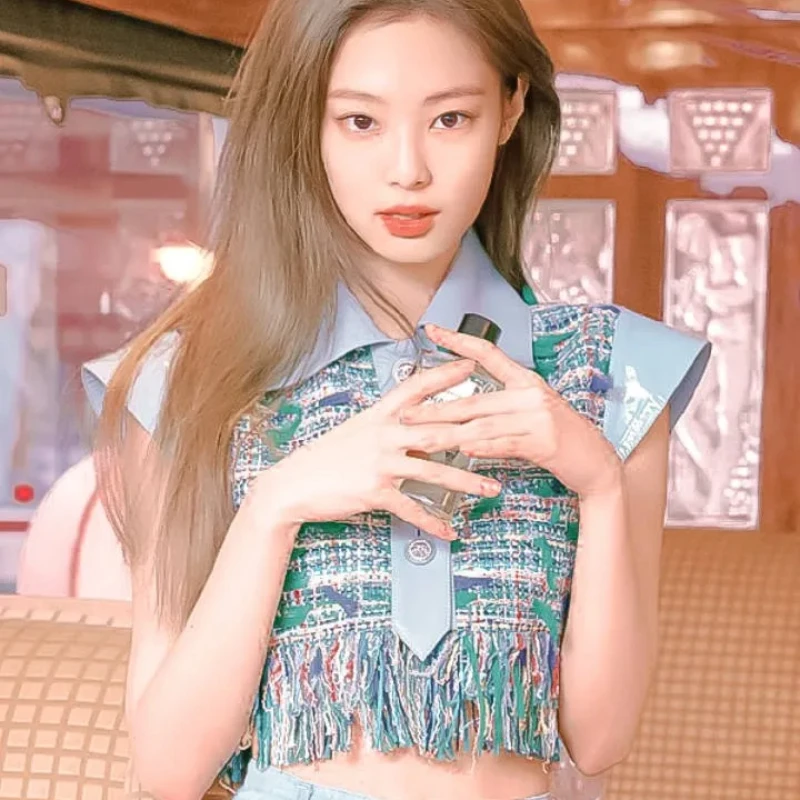 

Модная твидовая Футболка kpop в Корейском стиле для концерта певицы с бахромой, женская уличная одежда, Милая футболка, Корейская футболка в стиле Харадзюку с коротким рукавом