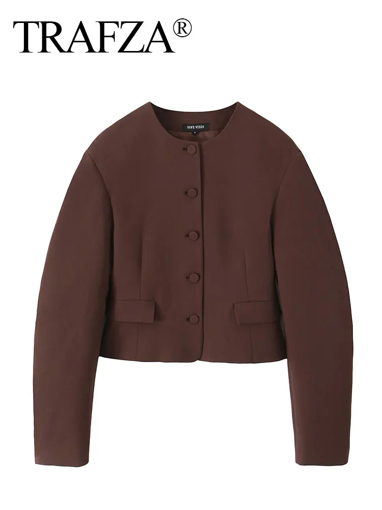 HH Women Vintage Solid O Neck Cropped Blazer Coat Single Breasted Long Sleeve Jacket Female 2024 Fashion High Street Outwear