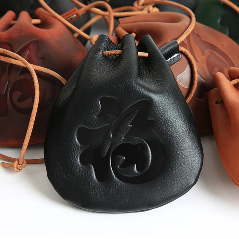 Genuine Leather Coin Purse Men Women Vintage Cowhide Leather Small Coin Wallet Money Pocket Drawstring Storage Bag