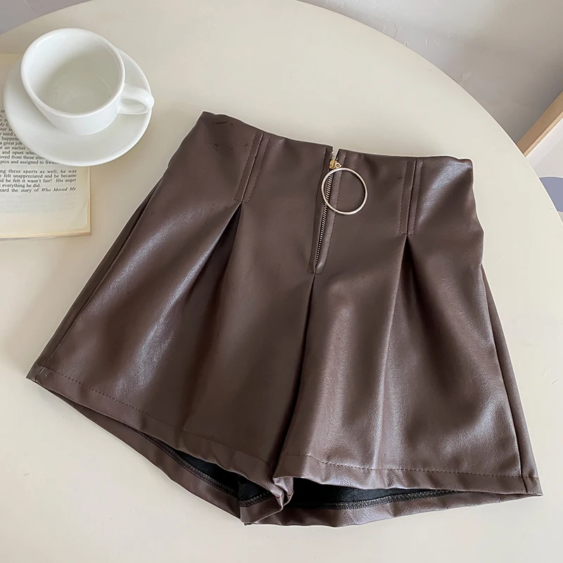 2021 Autumn Winter Zipper Womens PU Leather Shorts Female Black High Waist Korean Style Short Femme Shorts For Women Clothing burberry shorts Shorts