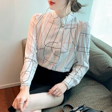 

Chiffon Women's Blouse Printing Long-sleeve Top Women Stand-up Collar Embroidered Flares Line Elegant Blouses OL Female Clothing