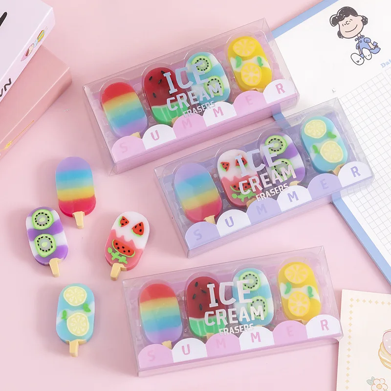 4 pezzi/set 1-2 set Lytwtw's Cartoon Cute Kawaii Ice Cream Rubber Mini Eraser Articoli di cancelleria per ufficio e scuola - immagine 2