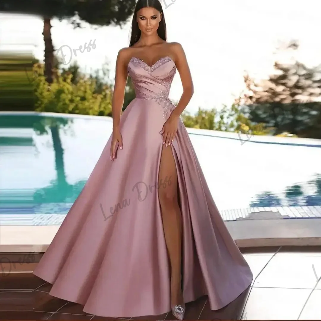 

Lena-2024 Luxury satin dress for women's strapless side slit A-shaped tight fitting corset formal wedding party dress pink