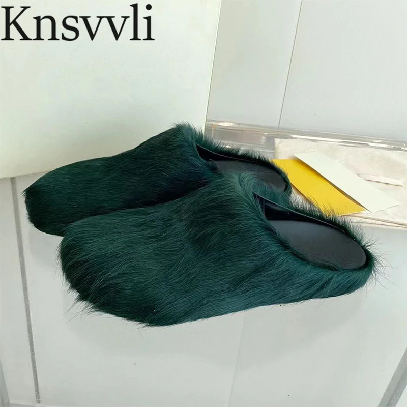 

Autumn Flat Slippers Woman Round Toe Holiday Casual Slides Luxury Horsehair Runway Shoes Women Fur Half Slippers For Men