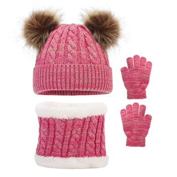 AvoDovA-3PCS 어린이 겨울 더블 볼 니트 모자 장갑 스카프, 두꺼운 니트 따뜻한 세트, 2-6 세 남아 여아
