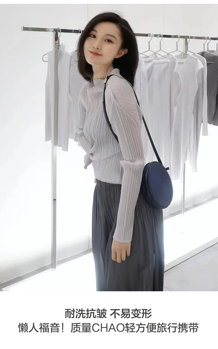Miyake Pleated Half-high Neck Long-sleeved Women's T-shirt Slim Inner Head Set Classic Solid Bottoming Shirt Top 2025 Autumn New