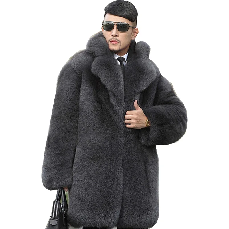Luxury Brand Thick Warm Faux Fur Coat Men Long Sleeve Mid-length Fur Coat Business Fashion Snowwear