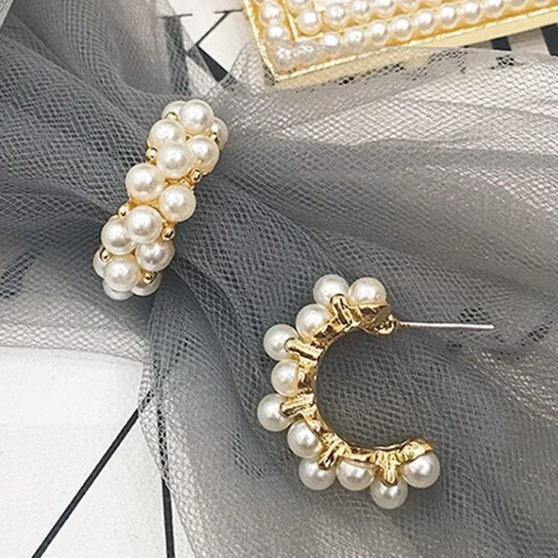 JWER New Trendy Vintage Japan Korean Hoop Earrings For Women Handmade Sweet Simulated Pearl Circle Y2K Jewelry Pendientes Gifts hoop earrings,pearl earrings