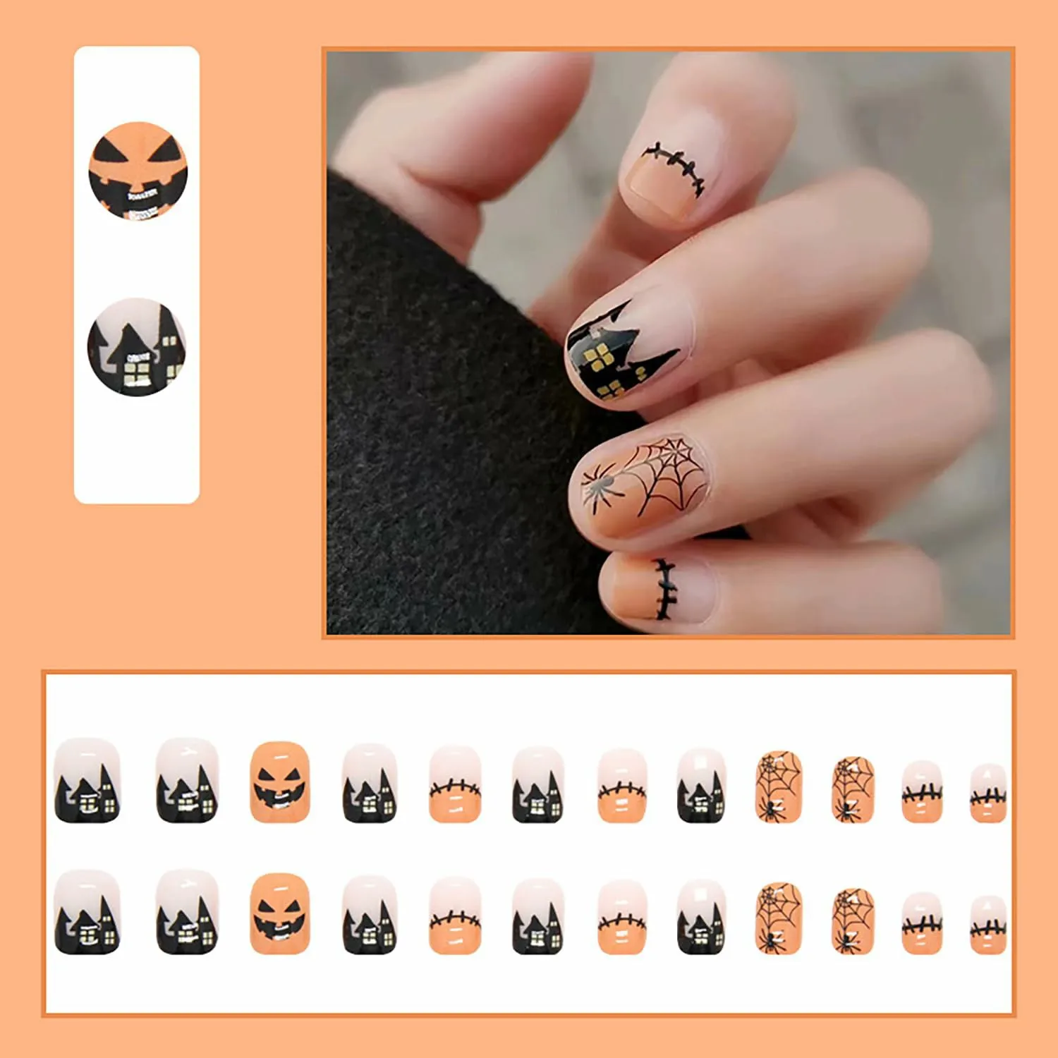 24pcs Short False Nail For Halloween Nail Diy Decor Supplies Cute Pumpkin Ghosts Pattern Fake Nail Tips For Girls Press On Nails 3