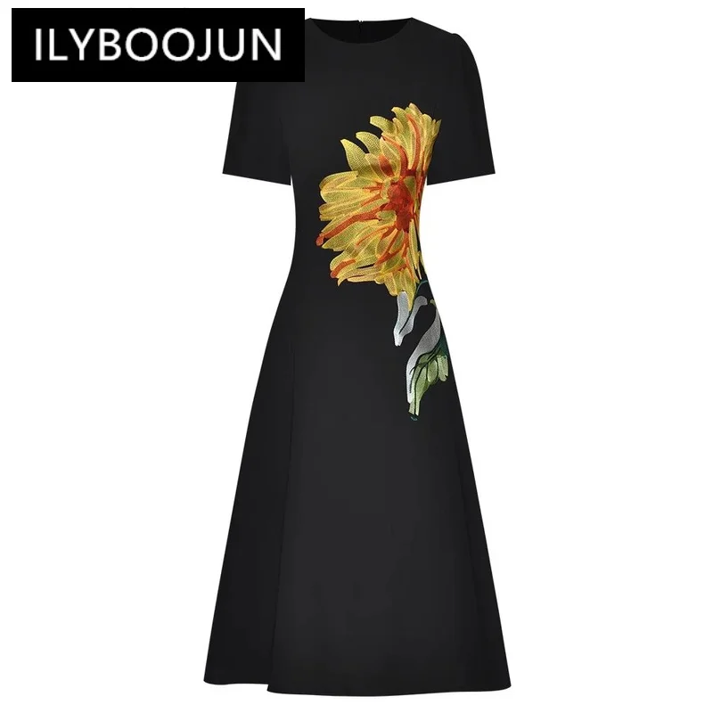 

ILYBOOJUN Fashion Designer Early Autumn Dress Women O-Neck Short SleevFlower Embroidery VintagMidi Dresses