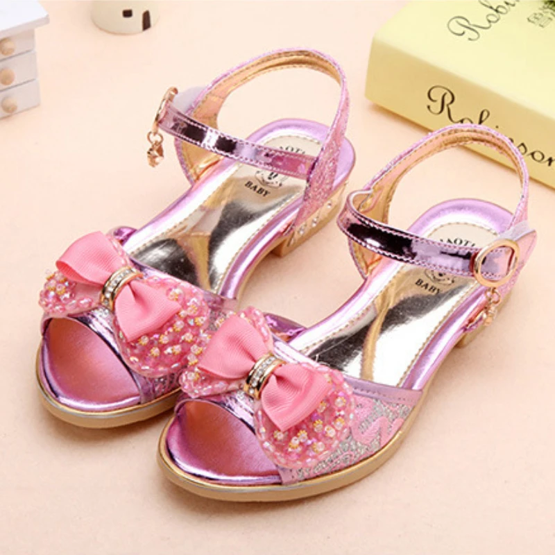 Summer Princess Children's Sandals Girls Sequins Low Heels Non-slip Shoes Fashion Bowknot Kids Beach Sandals Causal Versatile
