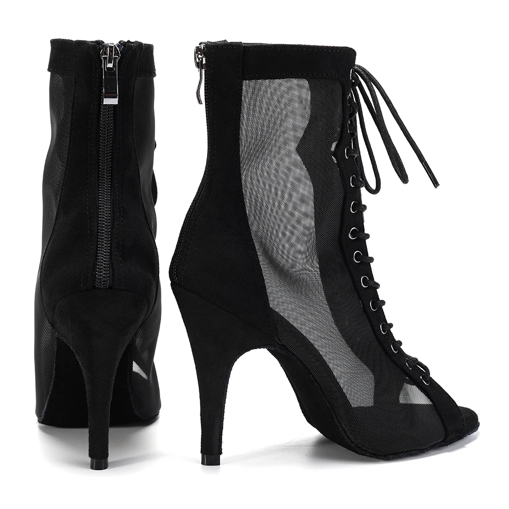 Woman Latin Dance Booties Open Toe Lace Up Stiletto Bootie for Women Suede Sole High Heels Beige Black Ankle Boots Dancing Shoes 5