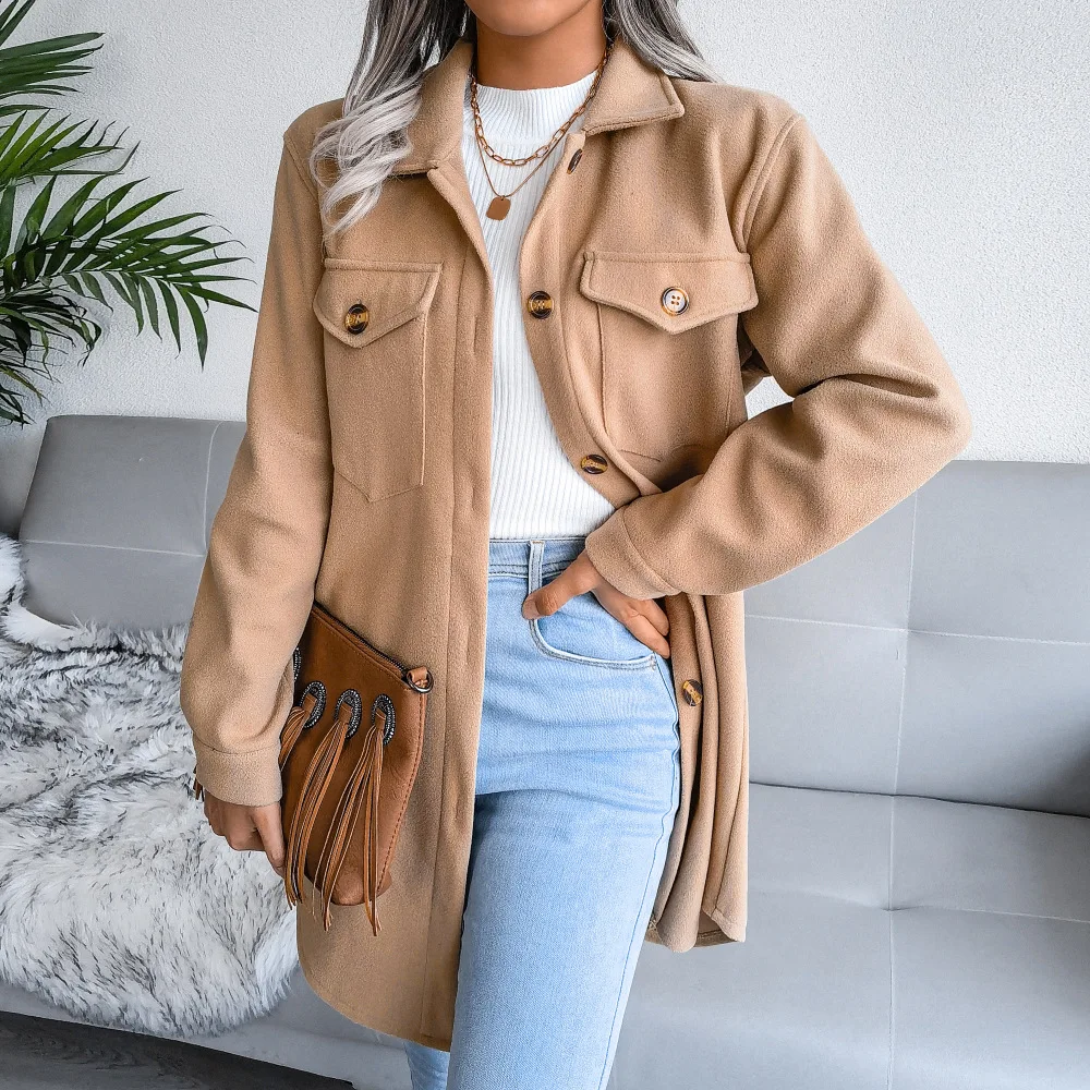 Women's 2023 Casual Fashion Loose Lapel Wool Chic Coat with Retro Long Sleeve Side Pockets Women's Coat Warm Women's Clothing