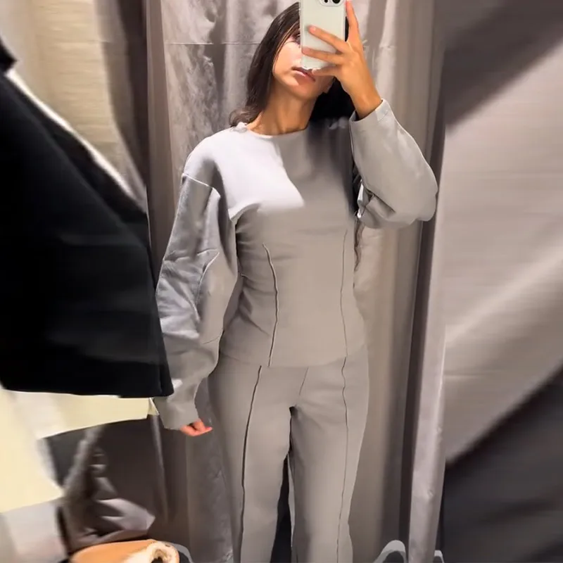 Casual Women's 2-piece Solid Pants Sets Long Sleeve O-neck Sweatshirts Wide Leg Pleated Trousers Autumn Lady Lazy Tracksuit