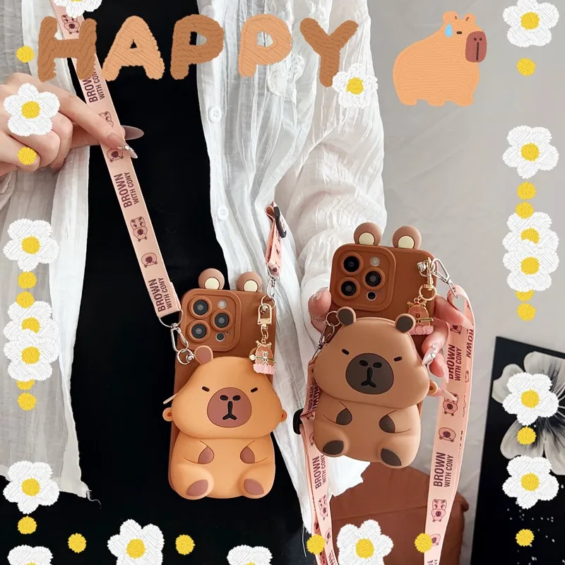 Kapibala 3D Cartoon Phone Wallet Case with Rope