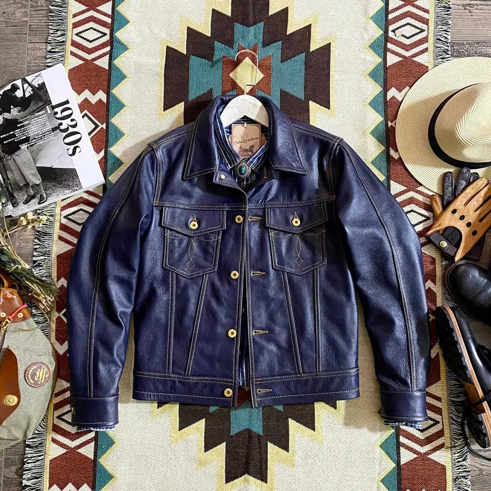 

YR!100% real Cuero Super slim blue genuine leather jacket.men classic casual short young cowhide coat.fashion 천연 가죽