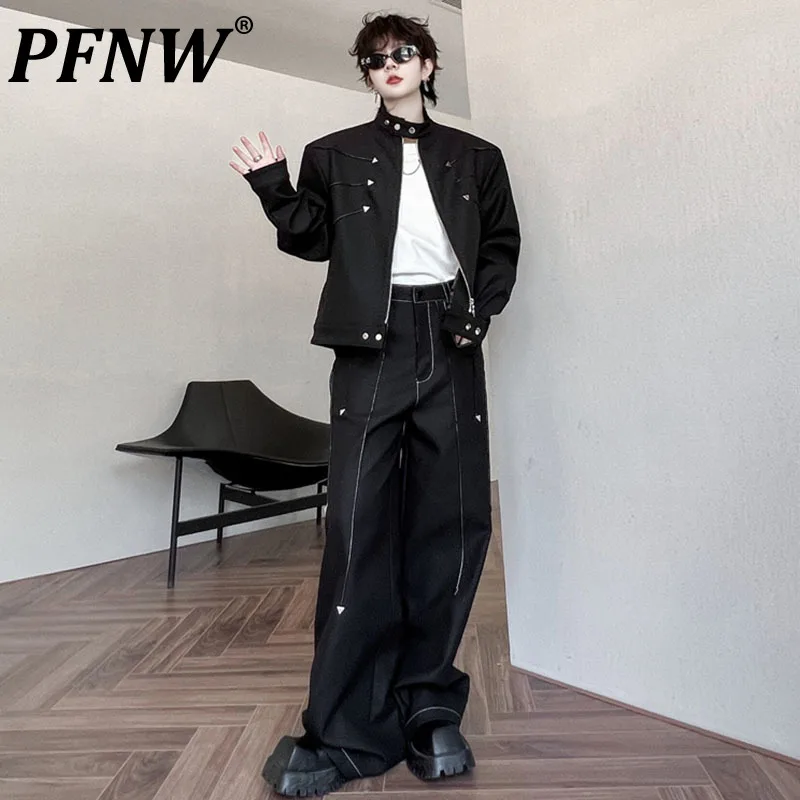 

PFNW Stand Collar Open Thread Metal Decorative Jacket Casual Pants Men's Wide Leg Trousers Loose Sets Korean Fahsion New 28W1266