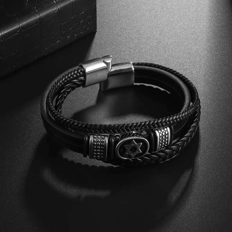 Leather Braided Bracelet Mens Fashion Stainless Steel Star of David Layered For Men Bracelet Ornament Fathers Day Gift