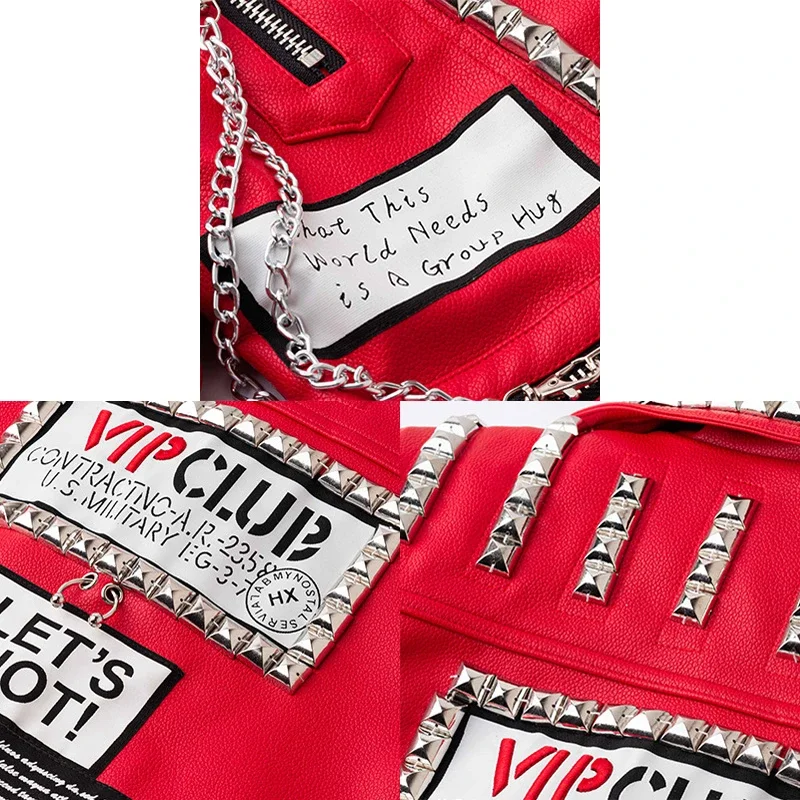 Red Cropped Leather Jacket for Women 2024 Trend Rock Punk Style Streetwear Motorcycle Printed Faux Leather Studded Jacket