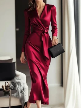 Robe à manches longues en dentelle style Hepburn déesse d'automne taille serrée col en V