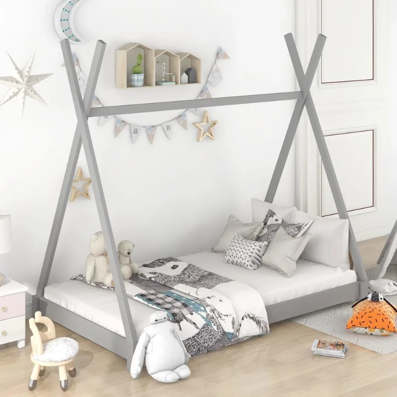 

Wood Twin Size Platform Bed for Kids, Canopy Tent Bed for Living Room, Gray