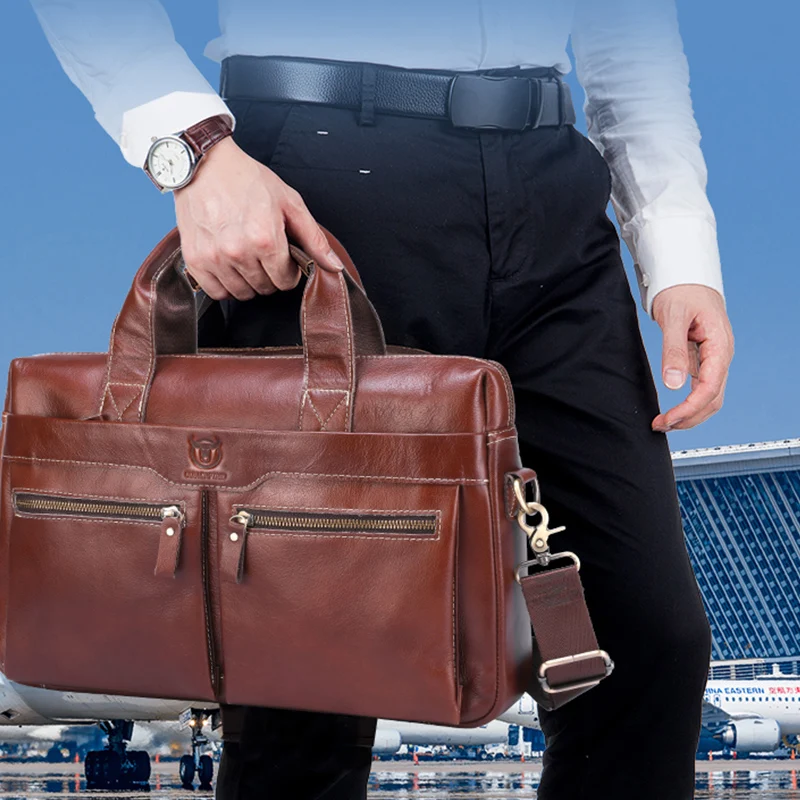 BULLCAPTAIN Men's Leather Briefcase Can Be Used For 15.5-Inch Notebook Large-Capacity Work Bags Business Shoulder Messenger Bag 2