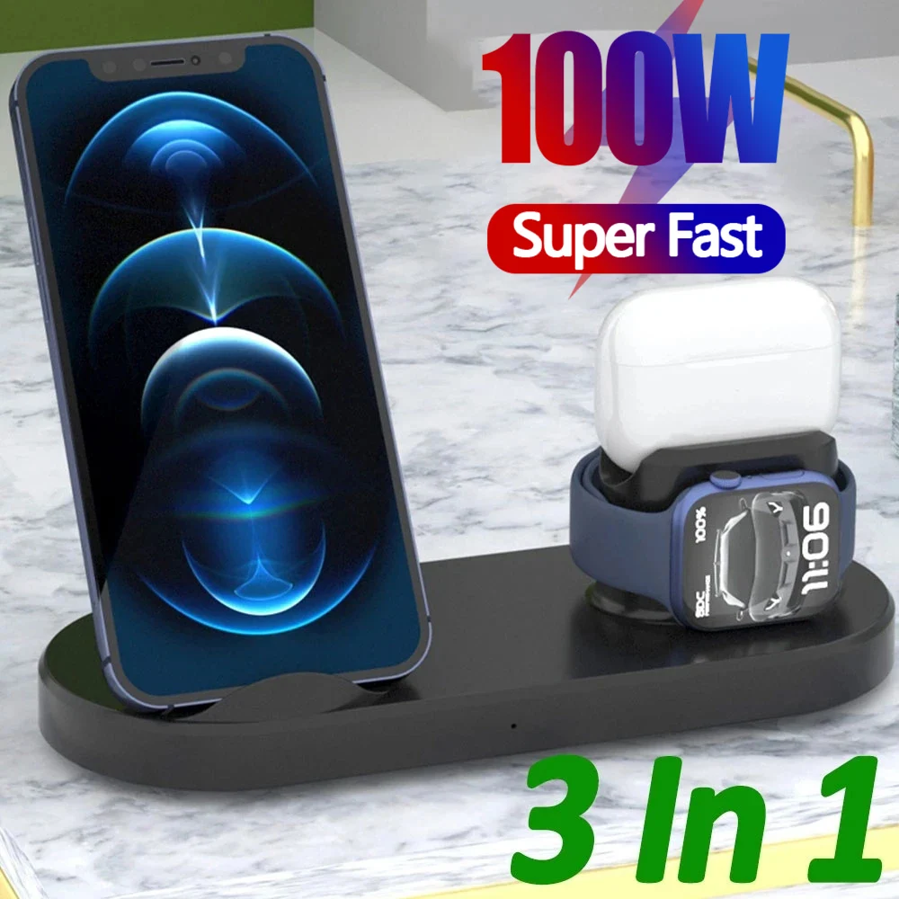 

Беспроводное зарядное устройство 3 в 1, 100 Вт, подставка для iPhone15 14 13 12 XS XR X 8, док-станция для быстрой зарядки для Apple Watch 8 7 6 Airpods Pro