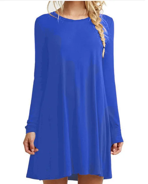 

Spring, autumn and winter pop new pure color round collar loose thin dress black