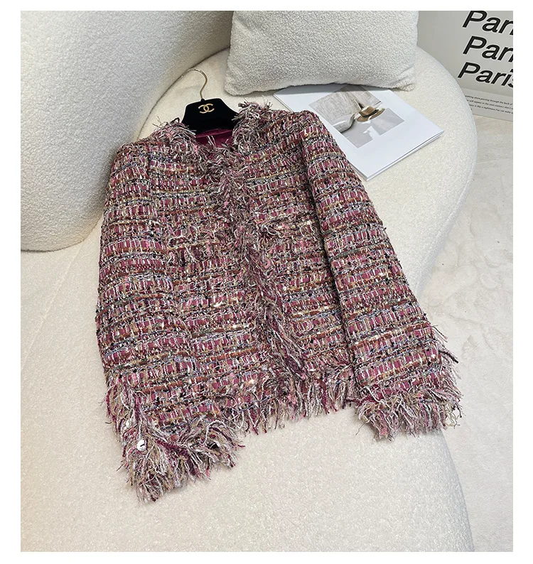 Runway Designer Tweed Jacket for Women, Kpop Vintage Vneck