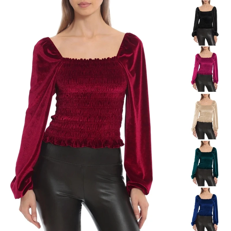 

M89E Элегантный топ с квадратным вырезом и рукавами-фонариками для женщин, плиссированная блузка, укороченный топ