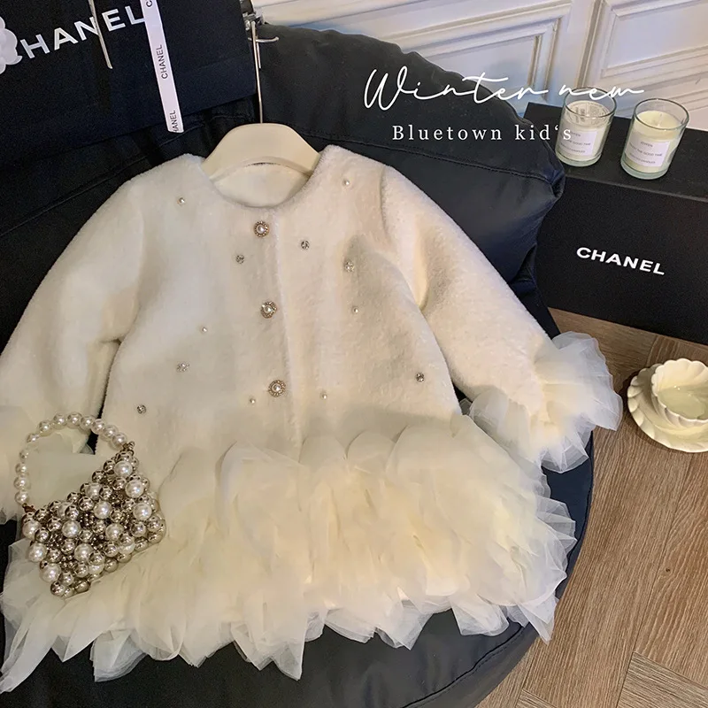 Girls' Furry Coat Autumn and Winter New Mid-Length Quilted Children's Clothing Baby Birthday Dress Princess Mesh Coat girls dress girls winter coat girls outerwear
