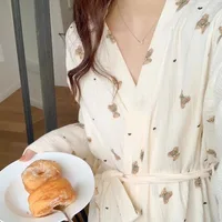 Femmes Robe de bain dessin animé mignon ours imprimé peignoir chemise de nuit Cardigan à manches longues chemise de nuit grande taille vêtements de détente chemise de nuit Ro 3