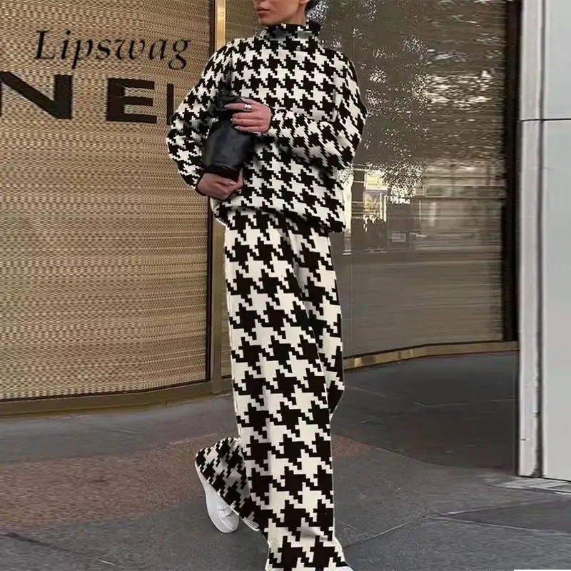 

High Quality High Collar Long Sleeve Top + Pants Suit Autumn Winter Fashion Print Women Suit 2023 High Street Ladies 2 Piece Set