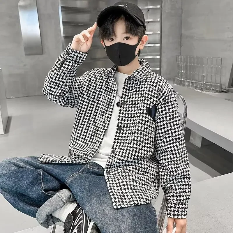 어린이 캐주얼 격자 무늬 셔츠, 긴 소매 루즈핏, 한국 유행 용수철, 2023 신상, 중형 대형 아동복