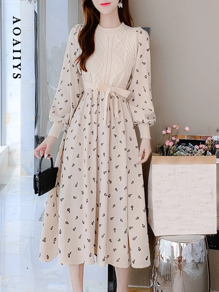 

Aoaiiys Dresses for Women Dress 2023 Autumn Slim with Belt Spliced Floral A-Line Fake Two Clothing High Waisted Mid-Calf Dress