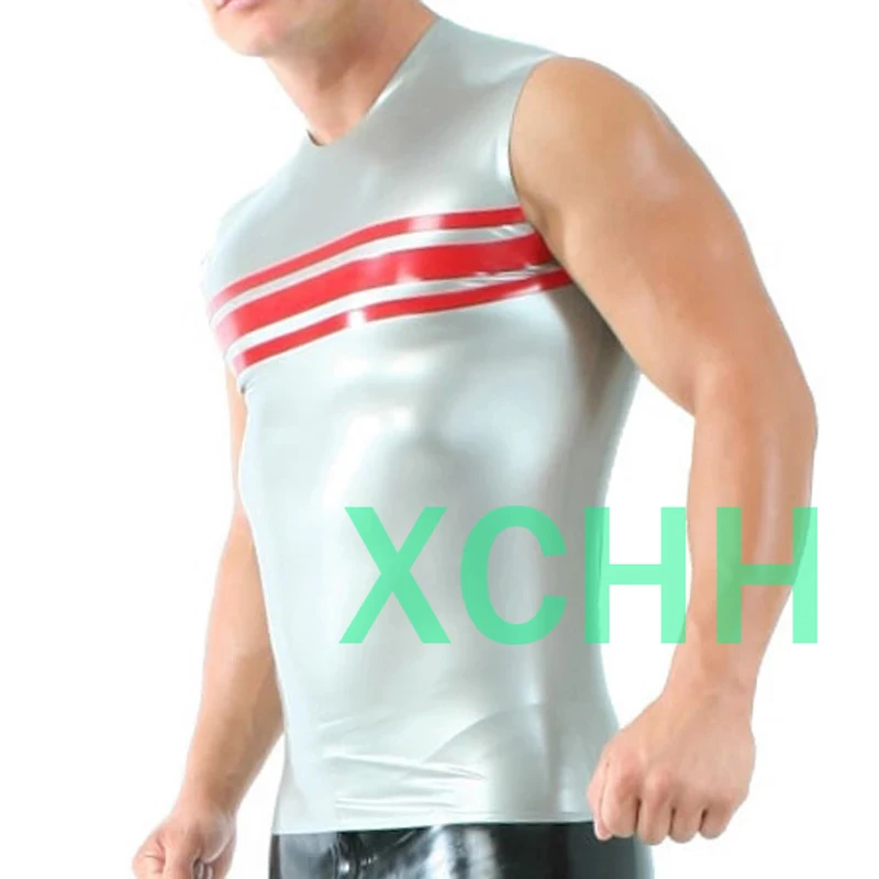 

Сексуальная латексная рубашка, серебристая с красным жилетом, майка для мужчин, ручная работа