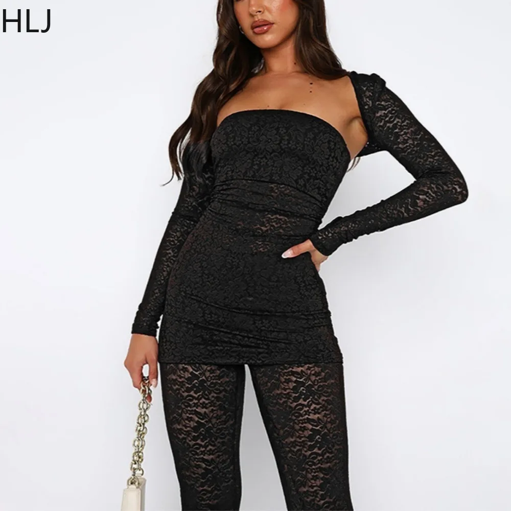 HLJ Sexy Lace Perspective Tube+Long Sleeve Crop Top+Skinny Pants 3 Piece Sets Fashion Solid Color Matching Party Club Clothing